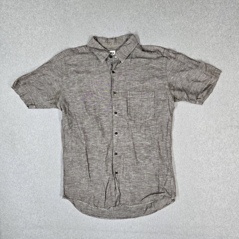 Uniqlo Men Button Up Shirt L Brown Cotton Linen Casual Chambry